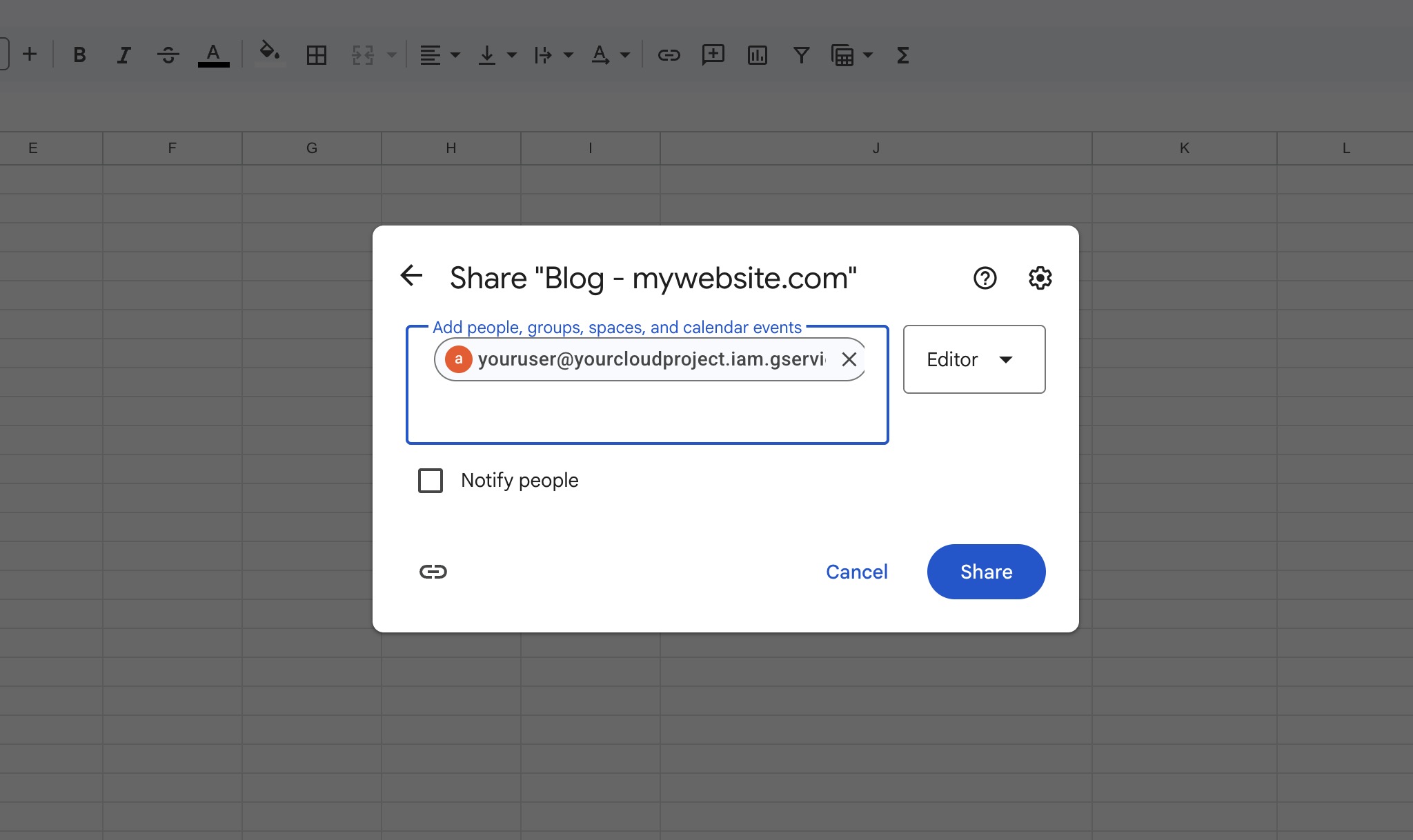 Share Google Sheet with Google Cloud Account User