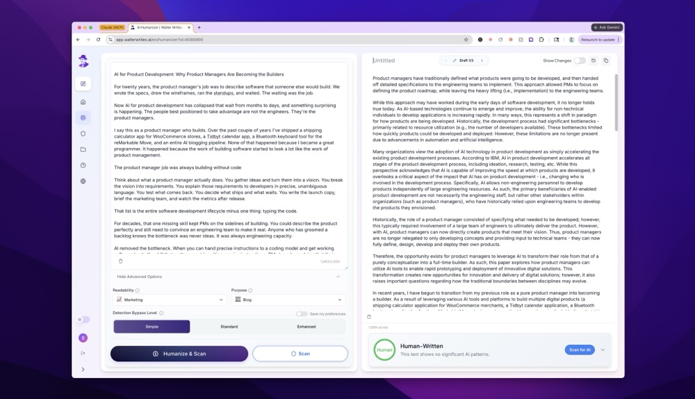 Walter Writes humanizer for AI generated articles