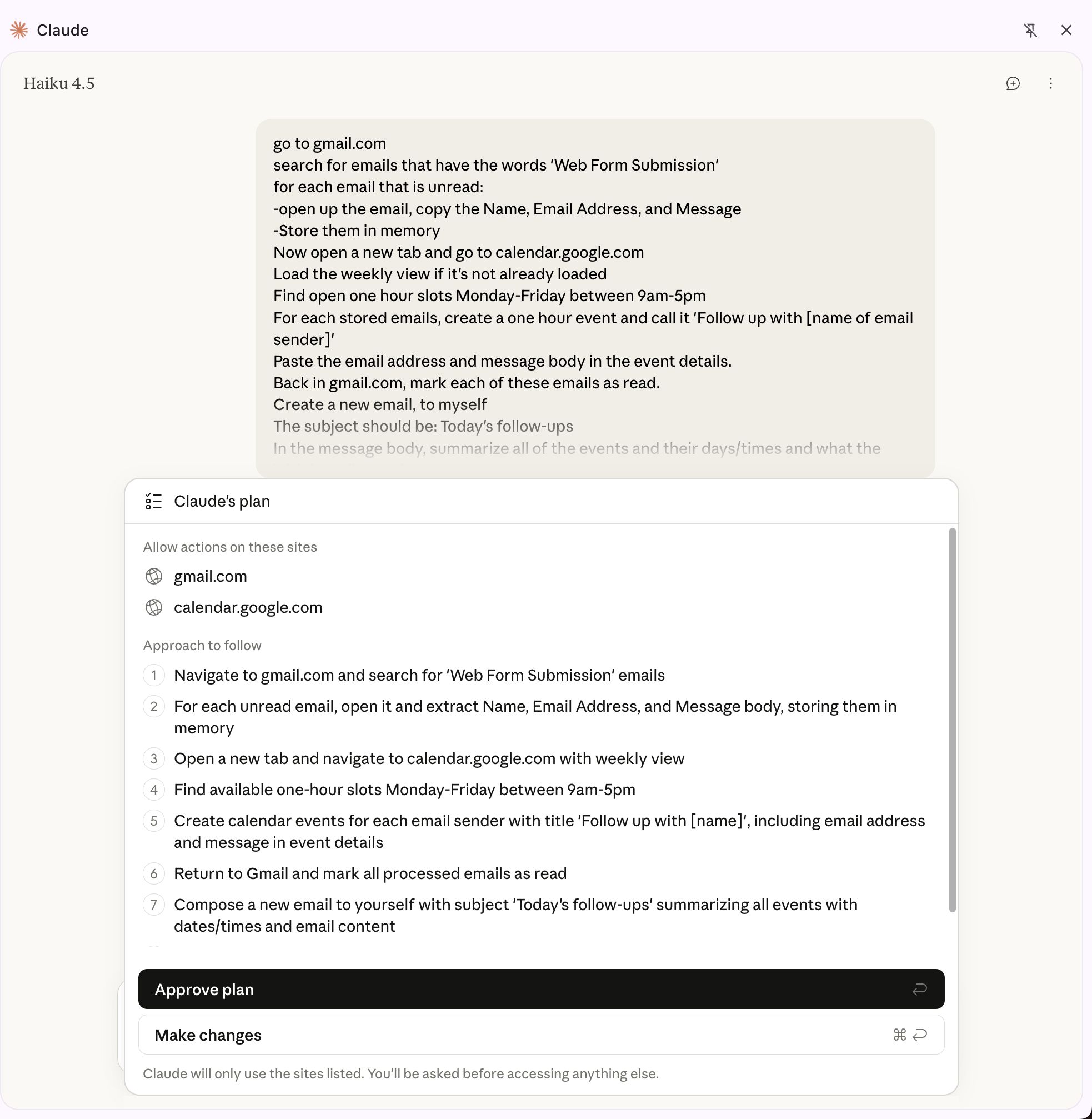 Claude in Chrome automation with Gmail and Google Calendar