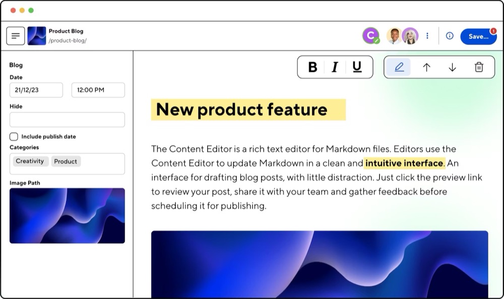 CloudCannon visual editor interface showing editable text and image regions on a static site
