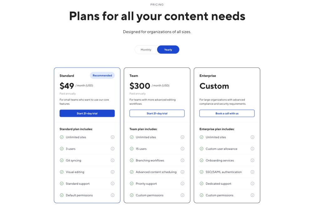 CloudCannon pricing plans showing Standard, Pro, and Business tiers