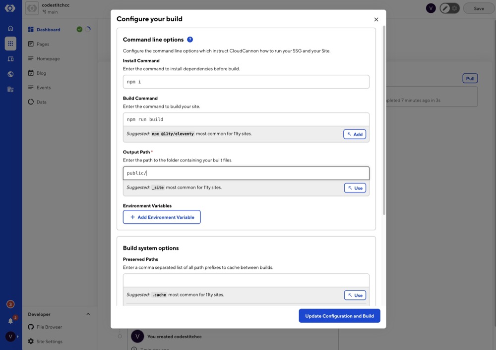 CloudCannon build configuration with auto-detected install and build commands for Eleventy