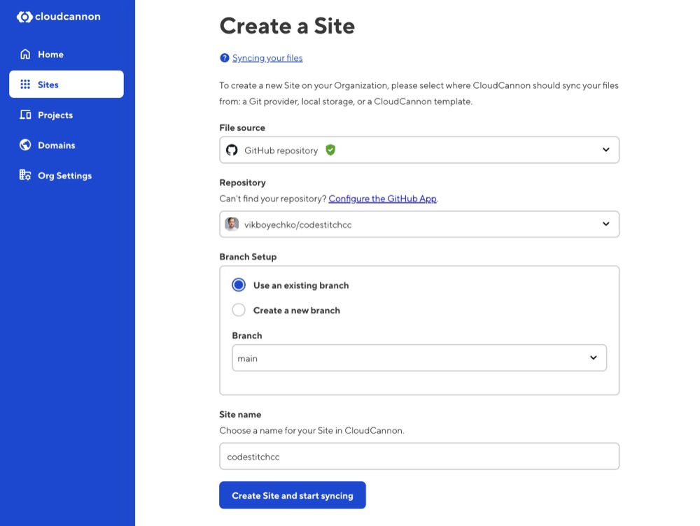 CloudCannon create a site wizard showing GitHub repository connection for a static site