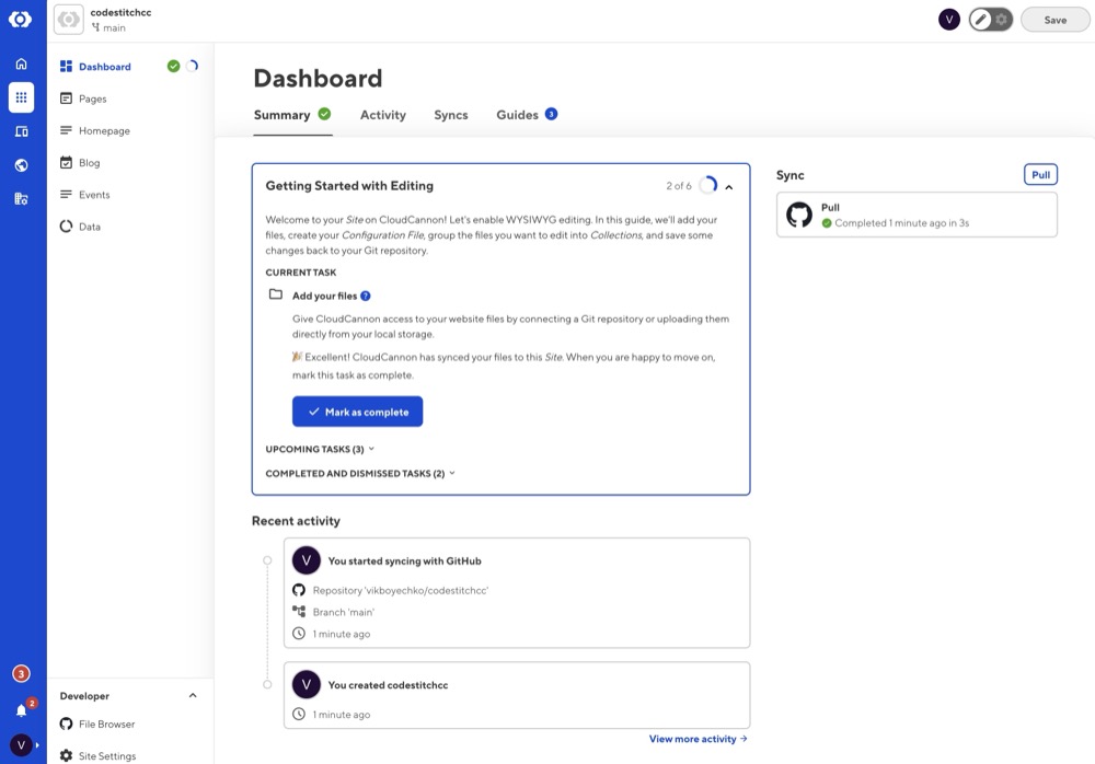 CloudCannon dashboard with step-by-step onboarding guide for new users