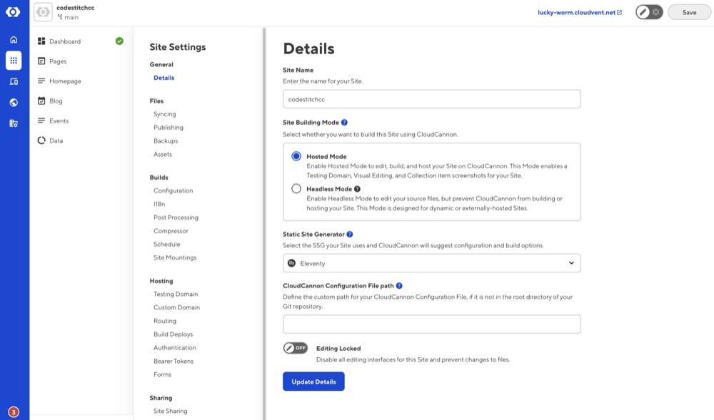 CloudCannon headless mode vs hosted mode settings for static site hosting