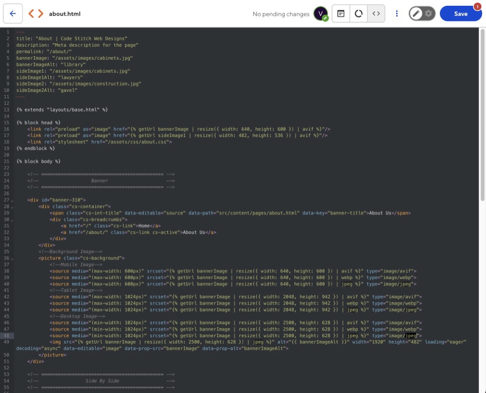 CloudCannon source code editor view showing the HTML behind a visually editable page