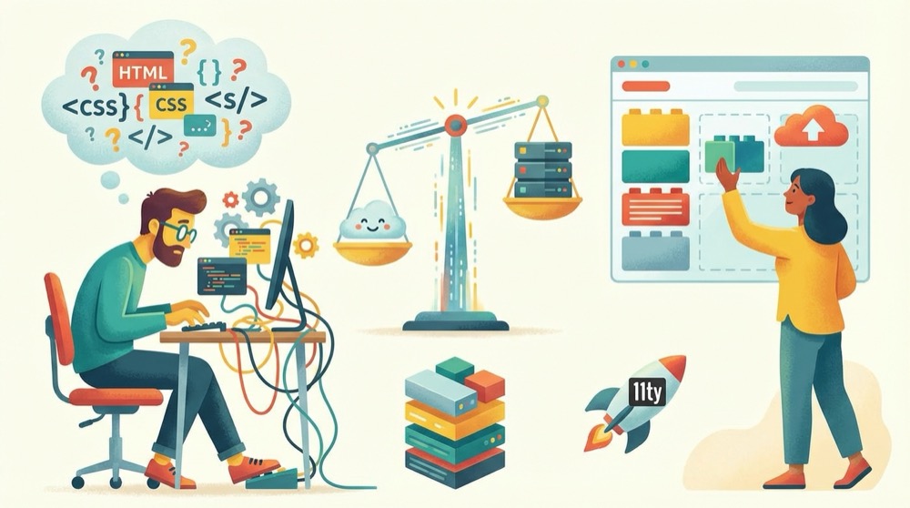 Developer coding a static site while a client uses a visual CMS editor to make content changes