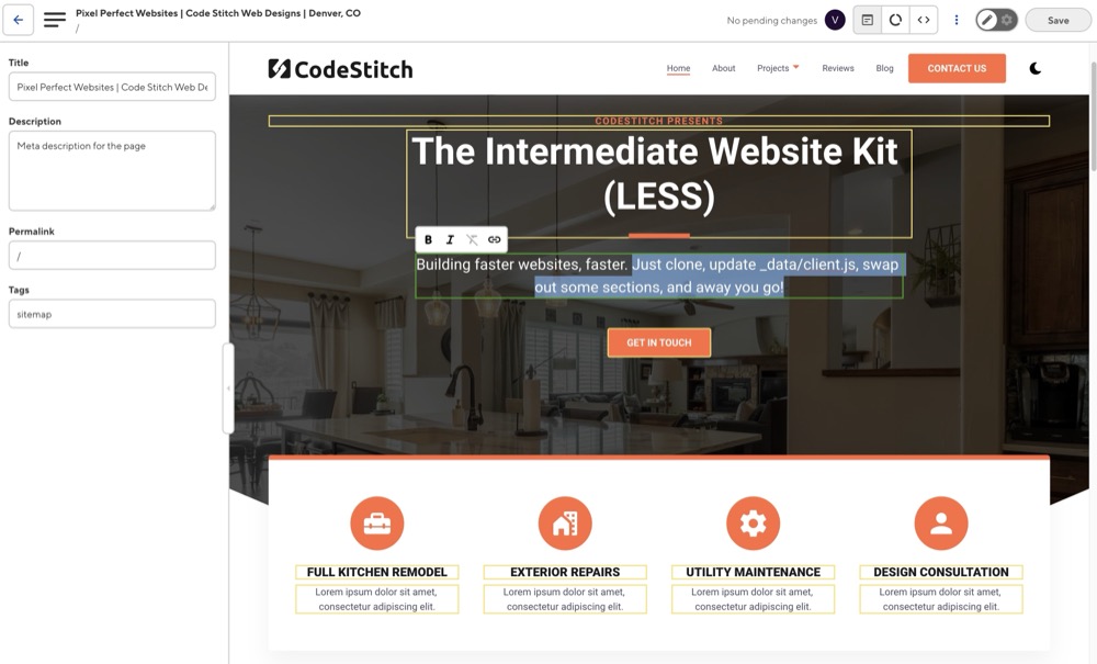 CloudCannon visual editor showing inline text editing on a static site page
