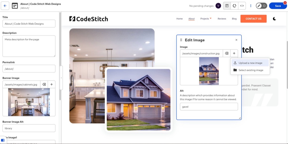 CloudCannon visual editor with editable image regions highlighted on the page