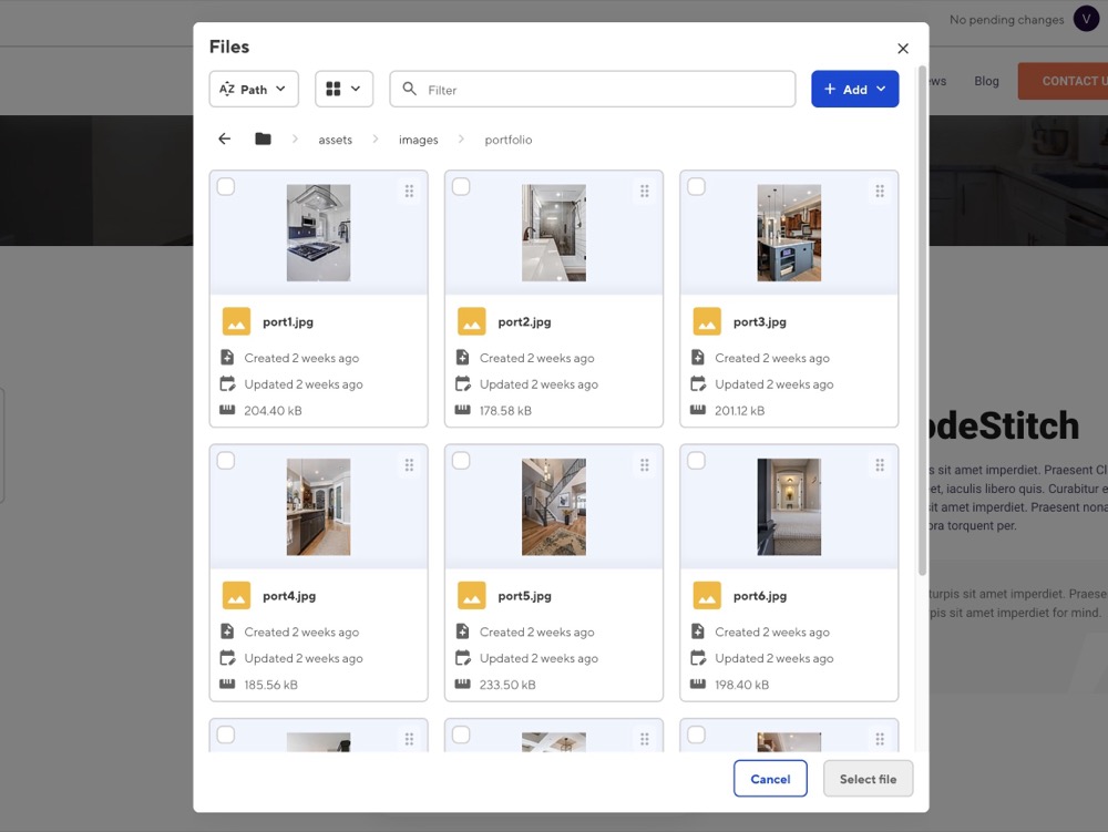 CloudCannon image picker showing project file browser for selecting images