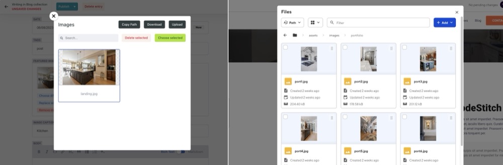 Side-by-side comparison of Decap CMS and CloudCannon image file browsers