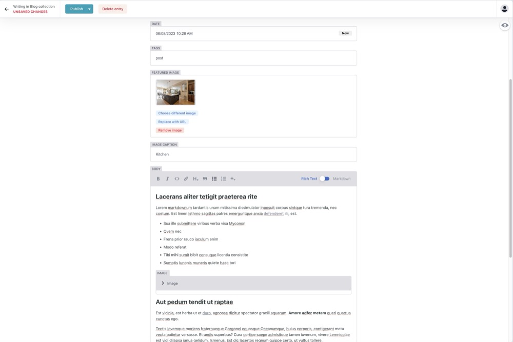 Decap CMS blog post editor with markdown and rich text toggle