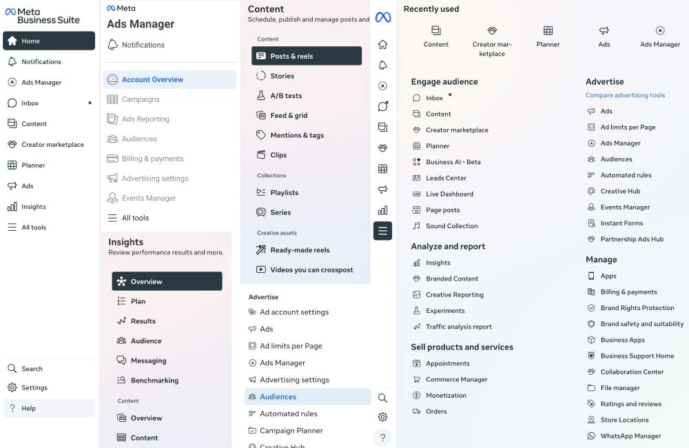 Facebook Business UI menus