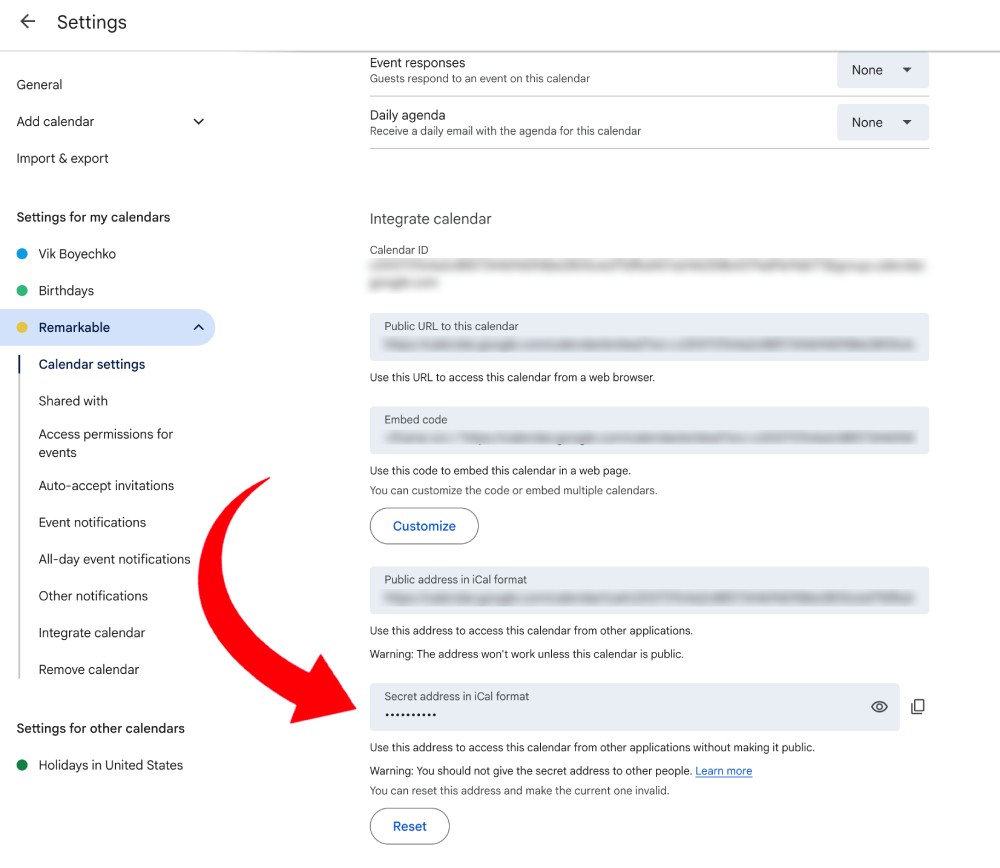 Google Calendar iCal Link