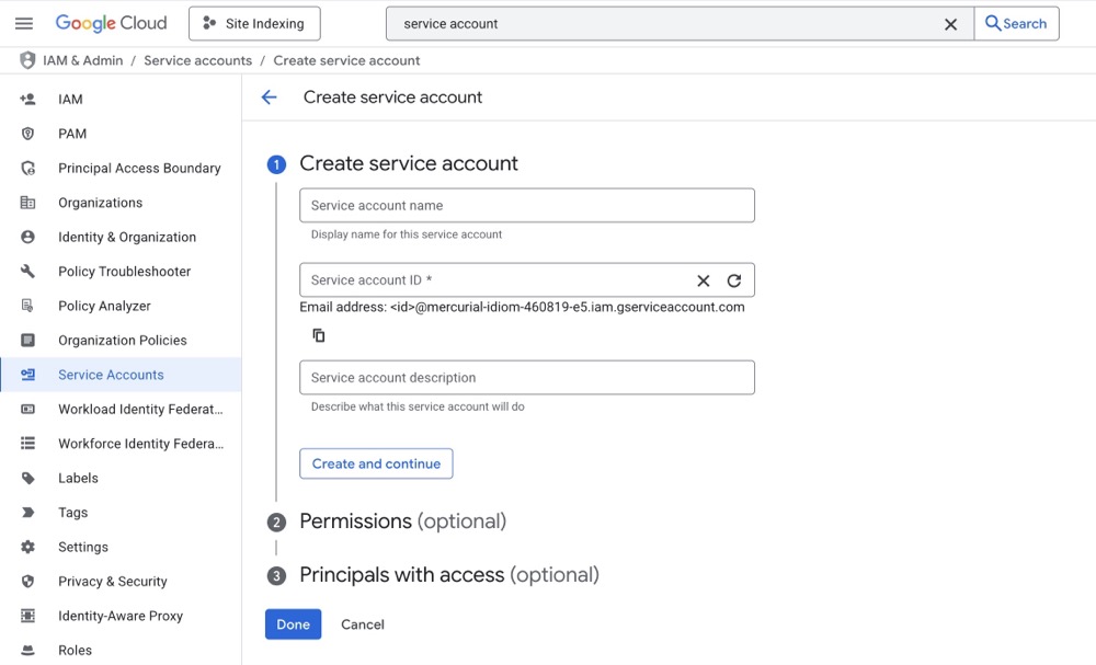 Google Cloud Console create service account