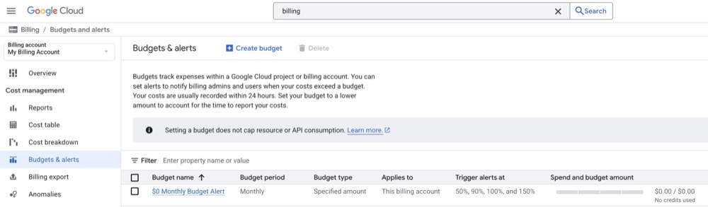 Google Cloud Console budget alert