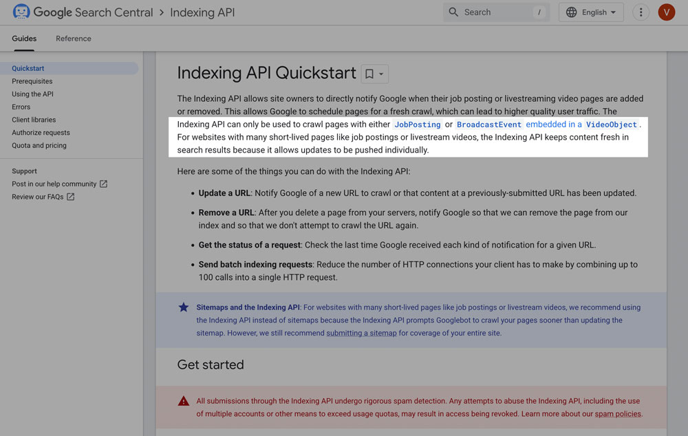 Google Indexing API warning