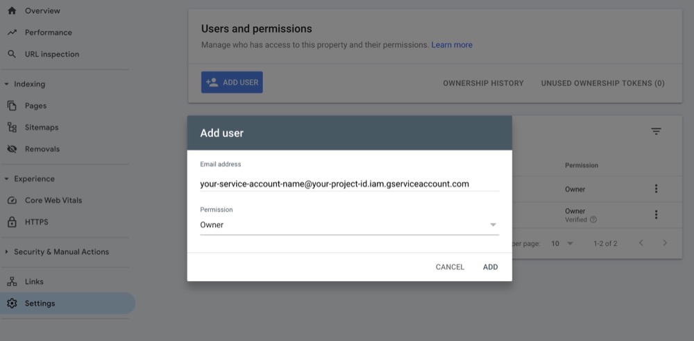 Google Search Console add service account as property owner