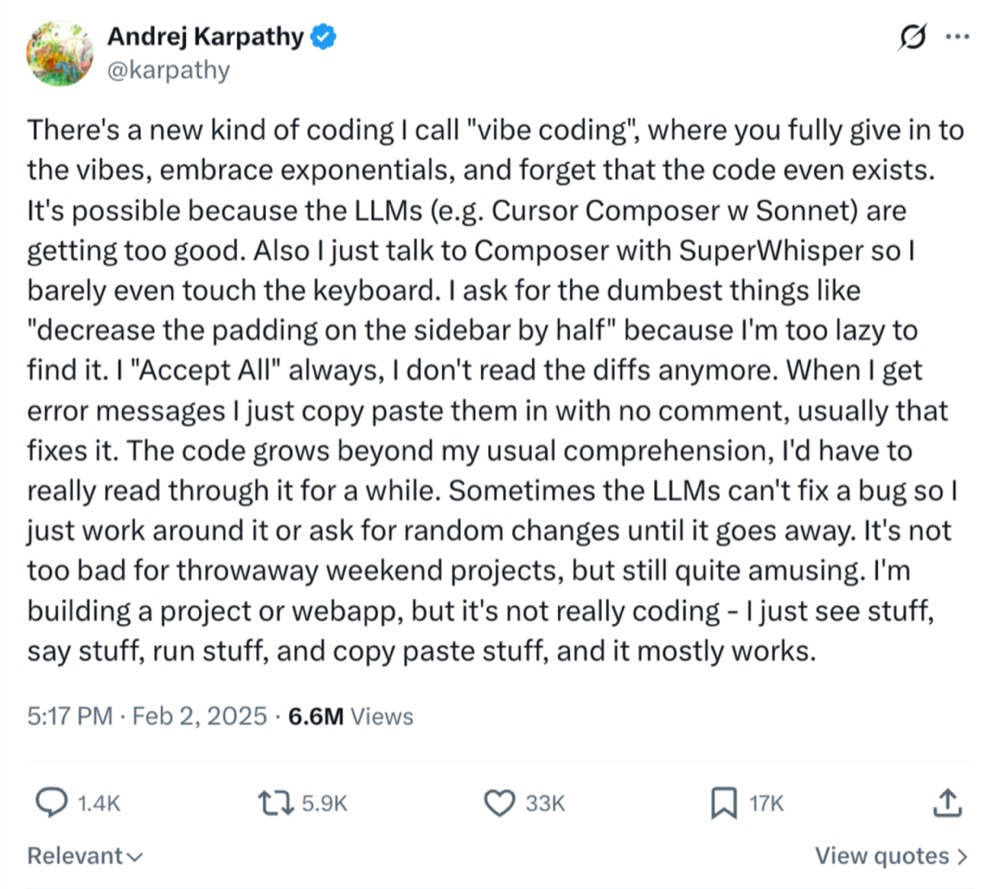 Andrej Karpathy tweet coining the term vibe coding