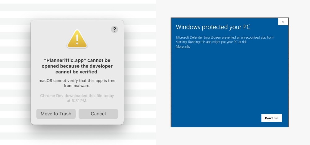 App signing and notarization for Mac and Windows prevents the untrusted developer message