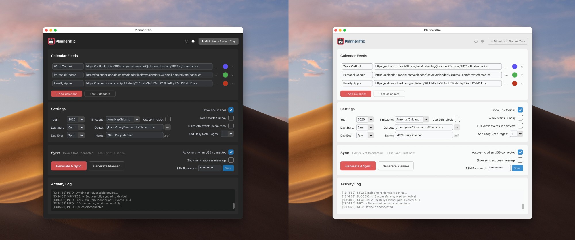 Planneriffic desktop app with dark and light mode