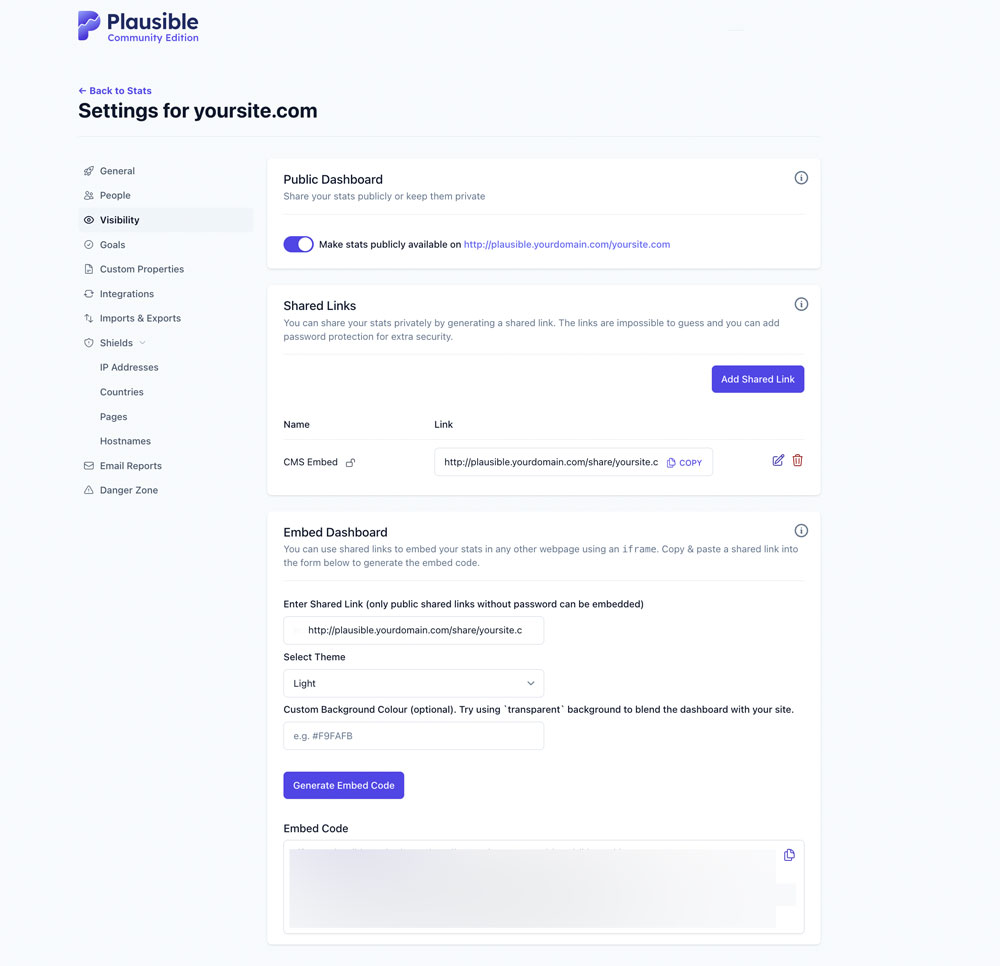 Plausible Public Dashboard and Private Embed Link