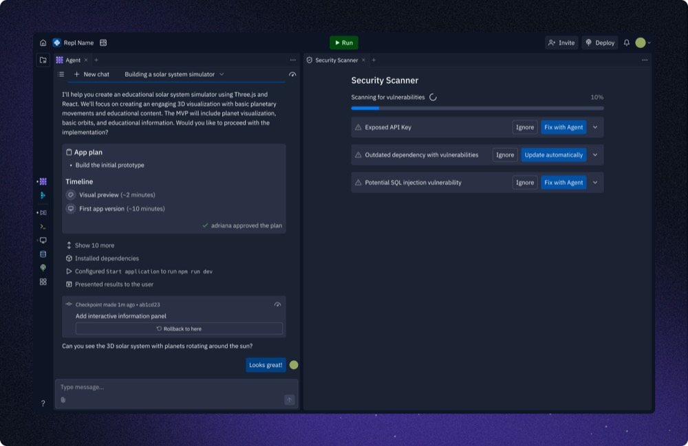 Replit vibe coding interface